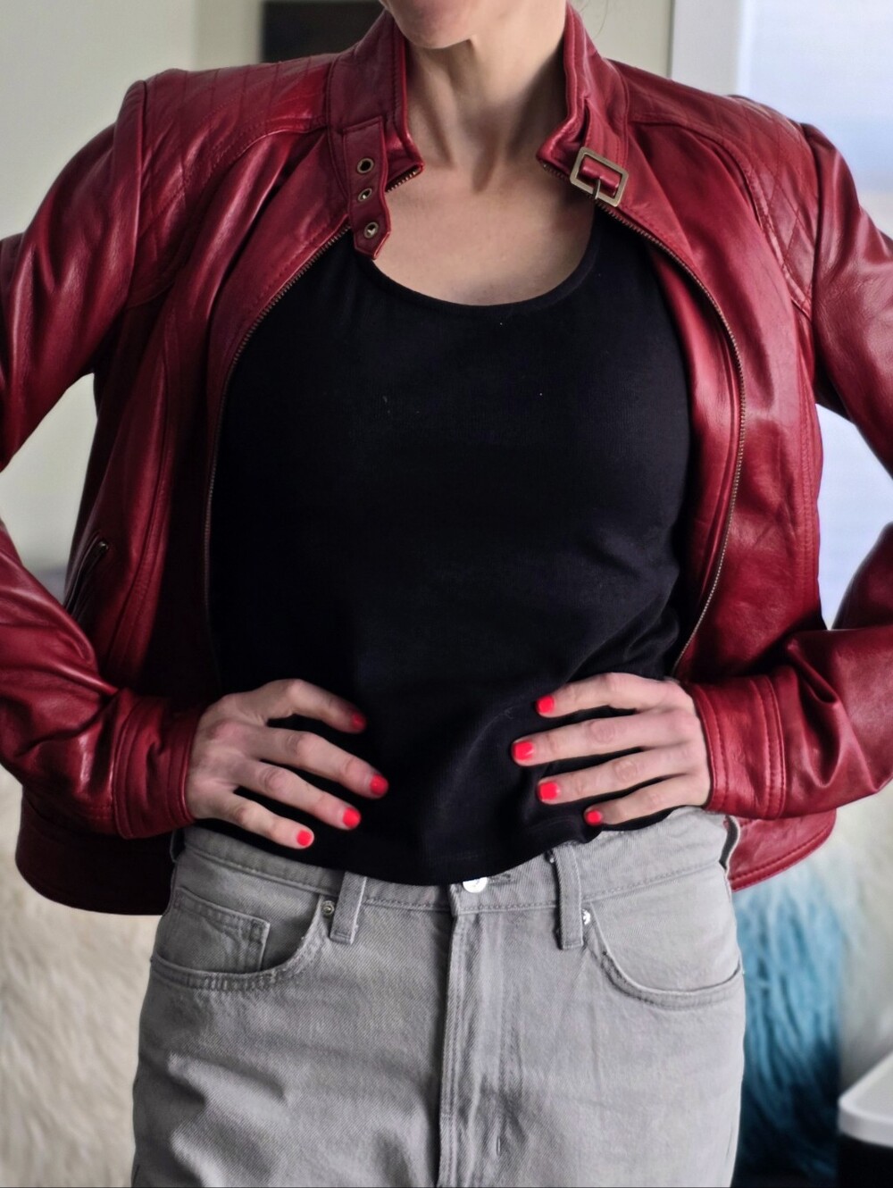 Red Genuine Leather Quilted Moto Biker Jacket M Leopard Black Rivet